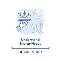 Understand energy needs blue light concept icon. Step to energy strategy abstract idea thin line illustration. Isolated outline drawing. Editable stroke. vector