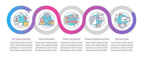 Searching part time jobs vector infographic template. Business presentation design elements. Data visualization with five steps and options. Process timeline chart. Workflow layout with linear icons