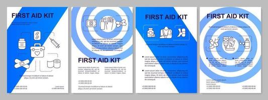 First aid kit prepare blue brochure template. Medical supplies. Leaflet design with linear icons. 4 vector layouts for presentation, annual reports.