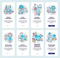 Stakeholder management and analysis onboarding mobile app screen set. Walkthrough 4 steps graphic instructions pages with linear concepts. UI, UX, GUI template. vector