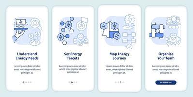 caminos hacia la estrategia energética pantalla de la aplicación móvil de incorporación de luz azul. tutorial 4 pasos páginas de instrucciones gráficas con conceptos lineales. interfaz de usuario, ux, plantilla de interfaz gráfica de usuario. vector