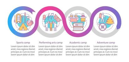 Interest, hobby camps vector infographic template. Business presentation design elements. Data visualization with four steps and options. Process timeline chart. Workflow layout with linear icons