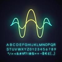 Abstract overlapping waves neon light icon. Sound, audio, music rhythm wavy lines. Vibration, noise amplitude level. Glowing sign with alphabet, numbers and symbols. Vector isolated illustration