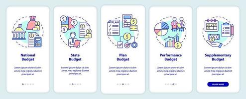 Budget types onboarding mobile app screen. National and state plan walkthrough 5 steps graphic instructions pages with linear concepts. UI, UX, GUI template. vector
