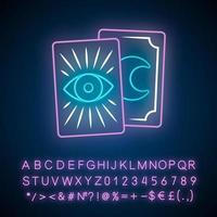 Tarot cards neon light icon. Tarocchi, tarock, oracle playing cards. Fortune telling, divination, cartomancy. Magic and superstition. Glowing sign with alphabet, numbers. Vector isolated illustration