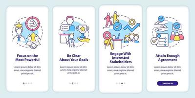 Stakeholders engagement onboarding mobile app screen. Walkthrough 4 steps graphic instructions pages with linear concepts. UI, UX, GUI template. vector