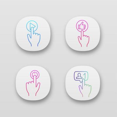 Click app icons set. Play, like, power, new follower notification. UI UX user interface. Web or mobile applications. Vector isolated illustrations