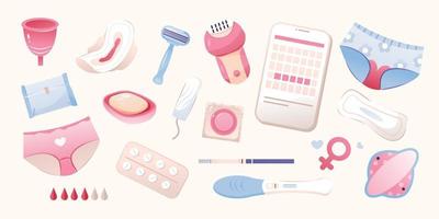 Feminine hygiene products set, menstrual cup, tampon, pad, pregnancy test, condom. Menstrual cycle. Women's Health. Vector illustration