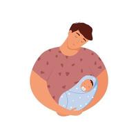 Father with newborn son on his hands isolated on the white background. Vector illustration