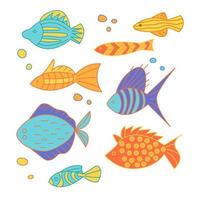 conjunto de peces de dibujos animados coloridos, divertidos y diferentes. en el estilo de garabato vector