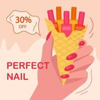 banner hand with manicure holding nail polish. horn. sale vector