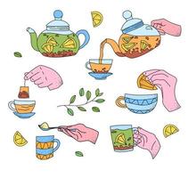 set hand holding cup of tea, spoon with sugar, teapot, lemon. Vector illustration. doodle style