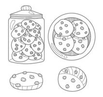 cookies in a jar and plates, one cookie in the style of a sketch vector