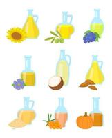 Vector set of seed oils isolated on white. Illustration in flat style. Sunflower, olives, grapes, coconut, pumpkin, flax, almond oil in glass jar. Flowers and seeds