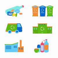 icon group recycling of trash, recycling plant, garbage sorting, garbage cans, garbage truck vector