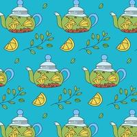 Vector seamless pattern with teapots, lemon, leaf, branches. Hand drawing vintage texture. Retro tea background.