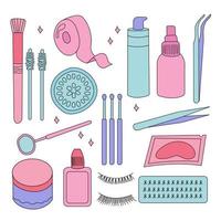 Set of eyelash extension tools isolated on background. doodle vector