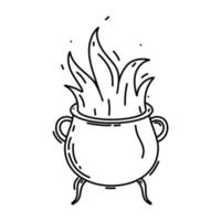 Halloween outline cauldron with flame. Cartoon vector illustration