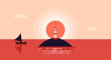 seascape flat design vector illustration. sea view at dusk with lighthouse panorama by boat