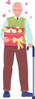 Happy senior man with flowers and cane semi flat color vector character. Editable figure. Full body person on white. Love simple cartoon style illustration for web graphic design and animation