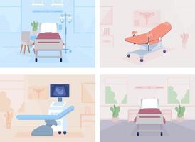 Hospital examining cabinets and wards flat color vector illustrations set