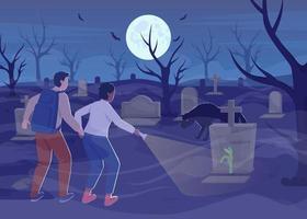 Ilustración de vector de color plano de cementerio. pareja visitando el cementerio por la noche. Víspera de Todos los Santos. ambiente siniestro. personajes de dibujos animados simples 2d totalmente editables con luna llena y murciélagos en el fondo