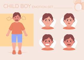 Angry excited little boy semi flat color character emotions set. Editable facial expressions. Offence vector style illustration for motion graphic design and animation