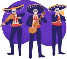 día de muertos músicos 2d vector ilustración aislada. personajes planos sobre fondo de dibujos animados. celebración tradicional mexicana colorida escena editable para móvil, sitio web, presentación