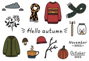 Autumn cozy set of doodle elements. Hand drawn isolated stickers sweaters, cup of tea, pumpkin, cloud, scarves. Fall vector illustration clip art