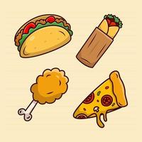 conjunto de dibujos animados de comida rápida, taco, kebab, pollo frito e ilustración de pizza vector