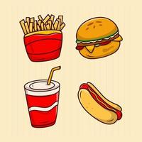 conjunto de caricaturas de comida rápida, hamburguesa, hot dog, papas fritas, ilustración de refrescos vector