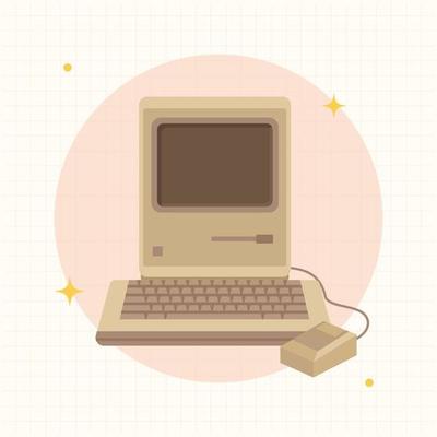 Retro old computer, old classic computer flat design style