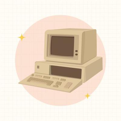 Retro computer, old classic computer flat design style