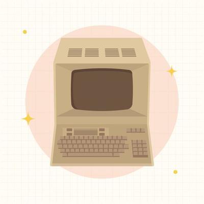 Retro old computer, old classic computer flat design