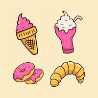 conjunto de dibujos animados de comida rápida, helado, donut, batido e ilustración de croissant vector