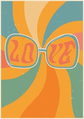 Poster in retro style with sunglasses and the inscription love. Background with rainbow rays. Psychedelic wallpaper. Colorful vector art design. 60s, 70s, hippies. Postcard set, poster design.