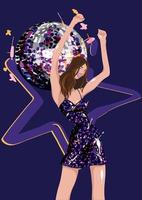A young girl dances against the backdrop of stars and a disco ball. A girl in a sparkling mini dress. Party, great design for any purpose. Celebrate the party. . Party decor. Vector drawing.