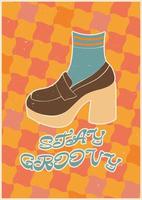 Poster in retro style with women's high-heeled shoe. Abstract checkerboard background. Psychedelic wallpaper. Colorful vector art design. 60s, 70s, hippies. Postcard set, poster design.