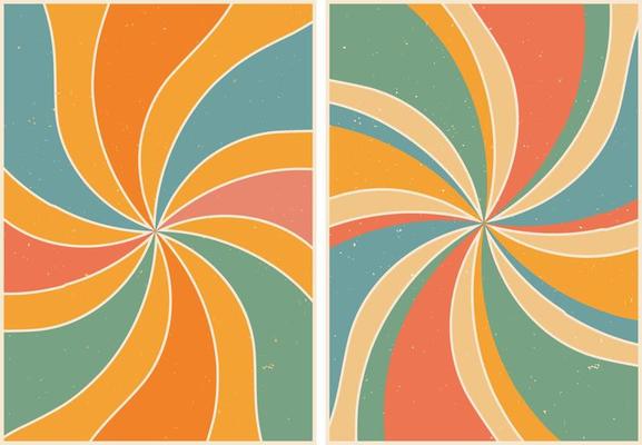 Set of posters in retro style. Rainbow abstract background. Beams of positivity. Psychedelic wallpaper. Colorful vector art design. 60s, 70s, hippies. Postcard set, poster design.