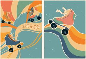 conjunto de carteles en estilo retro con patines sobre un fondo de arco iris. papel tapiz psicodélico. colorido diseño de arte vectorial. 60s, 70s, hippies. juego de postales, diseño de afiches. vector