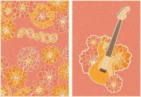 Abstract background in retro style with flowers and the inscription peace. Poster with a guitar in flowers. Vintage retro style. Psychedelic wallpaper. Colorful vector art design. 60s, 70s, hippies.