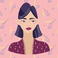 Beautiful Asian girl with a short haircut on a background of twigs. Avatar for social network. fashion illustration isolated on background. vector