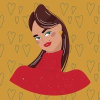 Beautiful dark-haired girl with red lips and in a red sweater. Avatar for social network. fashion illustration isolated on background. vector