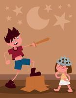 kid playing with wooden sword vector