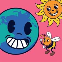 caricatura, planeta, flor, y, abeja vector
