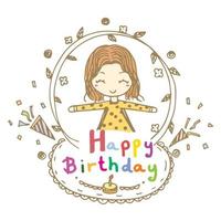 feliz cumpleaños y linda chica doodle vector para diseño de tarjeta