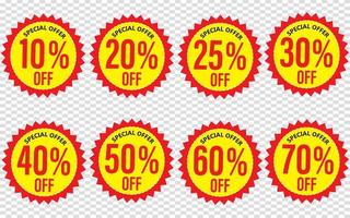 Price off label or badge set. Black Friday sale icons or tags with 10, 20, 30, 40, 50, 60, 70, 80, 90 percent discount vector