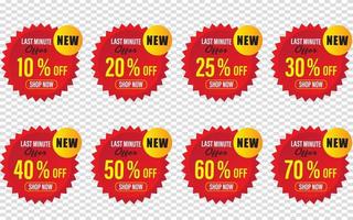Discount last minute offer tag, 50, 20, 10, 40, 30, 60, 70, 80, 90 percent,  badge price discount number vector