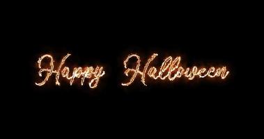 feliz halloween quema animación de texto iluminado con texto de fuego realista. canal alfa. 4k