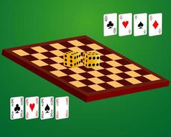 tablero de ajedrez jugando a las cartas y dados sobre fondo verde vector